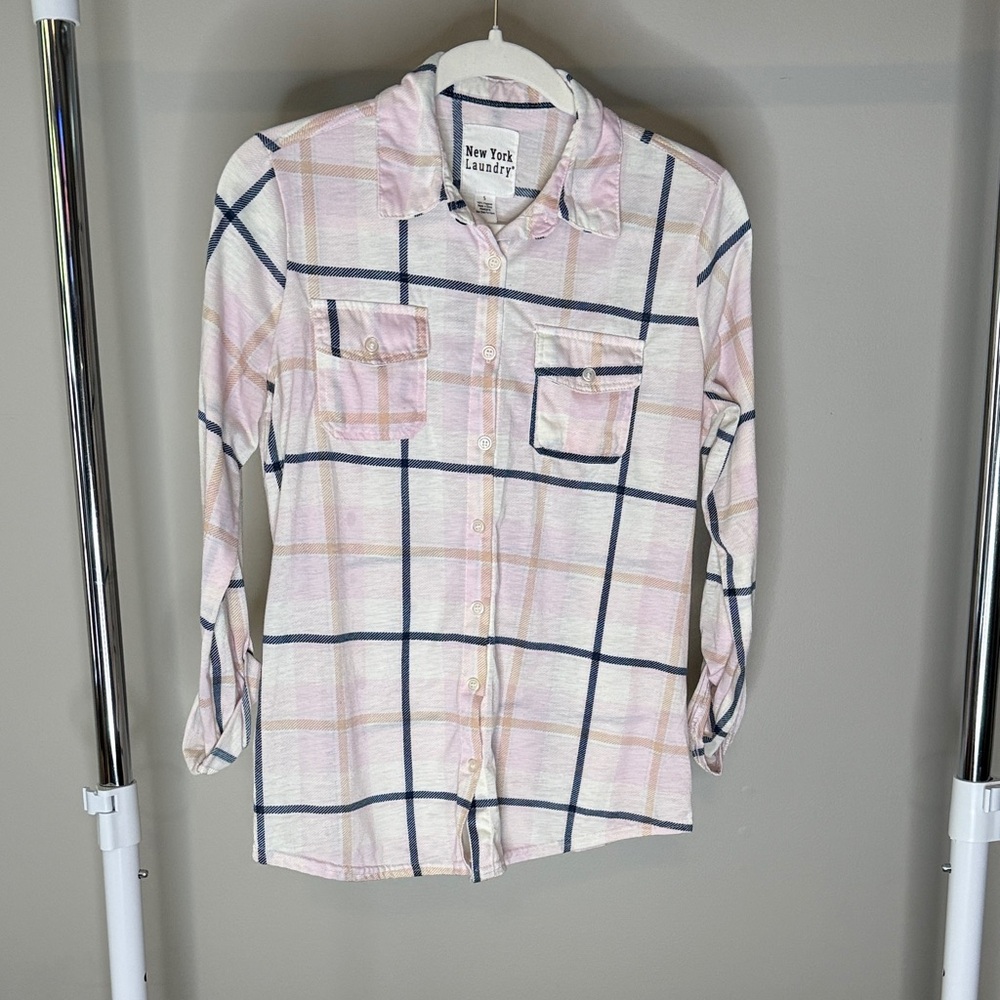 New York Laundry Light Pink and Navy Plaid Shirt